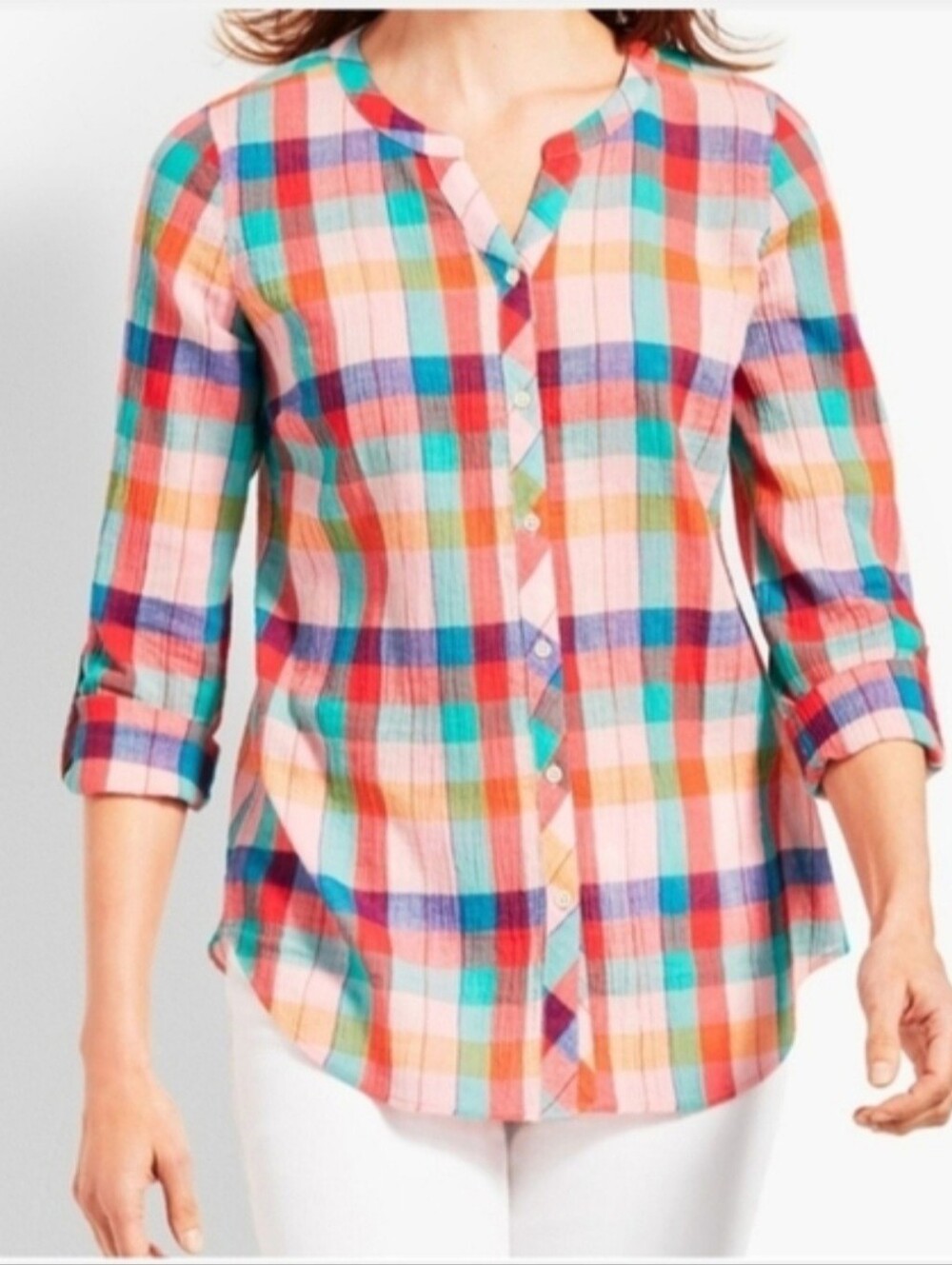 Talbots 100% Cotton Plaid Shirt L - Textured Crinkle Gauze Summer Blouse